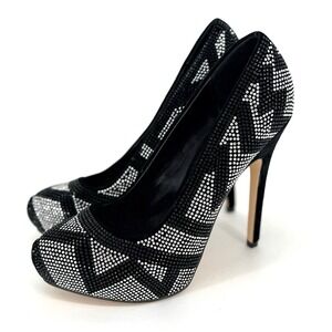 ALDO Womens Sz 7 Black & Silver Chevron Rhinestones Stiletto 5" Heels Leather